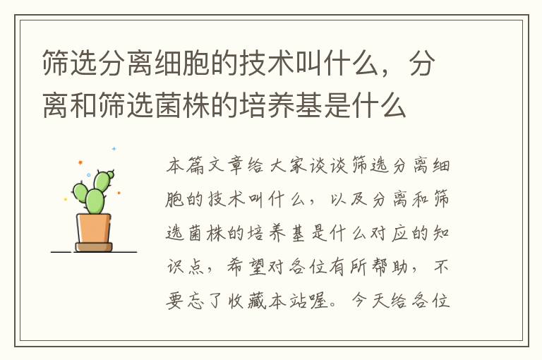 筛选分离细胞的技术叫什么，分离和筛选菌株的培养基是什么